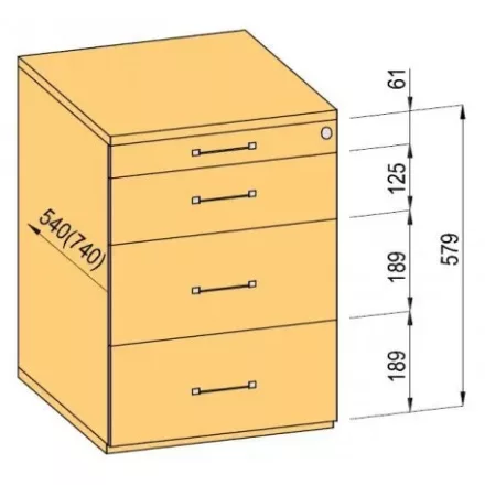 K-BBP Konténer 740mm típus 4/változat 4 (fiók fém, teljes kihúzású sín, behúzással, csillapítással))