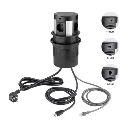 STRONG kihúzható elektromos ajzat, 4x230V, 1xRJ45, 1xUSB-A, 1xUSB-C, HDMI, vezeték nélküli töltés