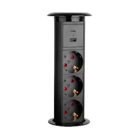   STRONG elektromosan kihúzható konnektor, 3x 230V, USB A+C, vezeték nélküli töltő, Fekete