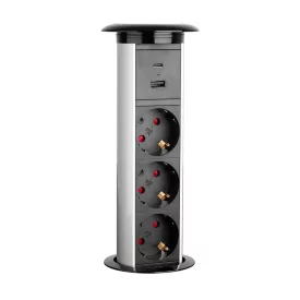   STRONG elektromosan kihúzható konnektor, 3x 230V, USB A+C, vezeték nélküli töltő, Ezüst
