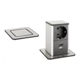   STRONG PowerUp konnektor, 1x230V, USB A/C töltó, Nemesacél, Schuko