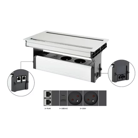 VersaFlap dual 2.0, 2x 230V, 2x RJ45, 1x USB A/C, eloxált alumínium