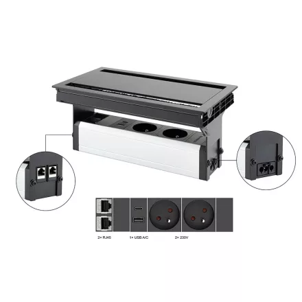VersaFlap dual 2.0, 2x 230V, 2x RJ45, 1x USB A/C,  fekete matt