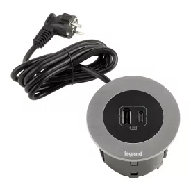   LEGRAND Disq60 1x USB A/C töltő, fekete/fém + 2m tápkábel