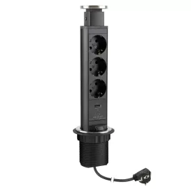   StrongPower Kihúzható elektromos aljzat, 3x 230V Schuko, 1x USB A/C, fekete