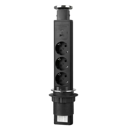 StrongPower elektromos kihúzható aljzat 3x 230V Schuco, USB A+C, fekete