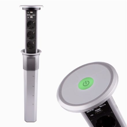 Konnektor Liftbox automata felhúzható 3-as + 2 USB, alu