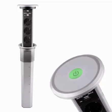 Konnektor Liftbox automata felhúzható 3-as + 2 USB, alu